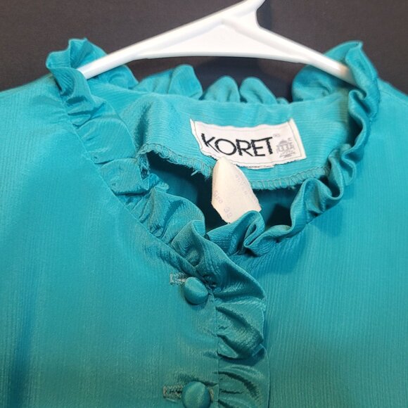 Vintage Polyester Blouse Turquoise Ruffle 70s Union Made Button Front Sz 38 Lrg - Picture 6 of 11